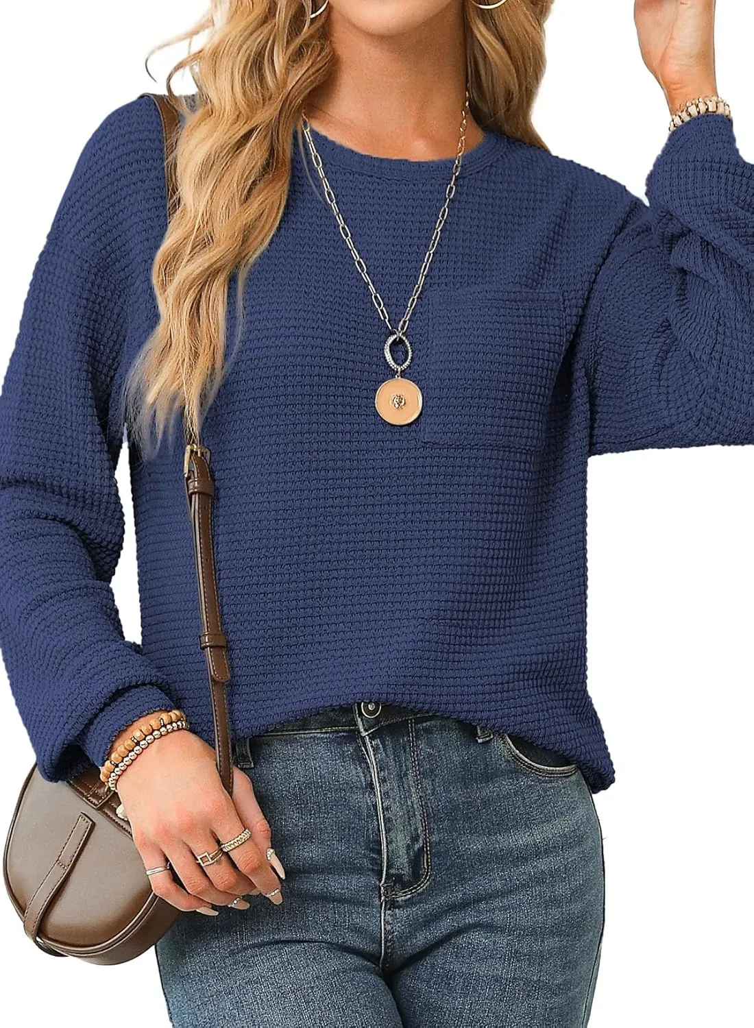 Dokotoo Womens Tops 2025 Oversized Long Sleeve Crewneck Waffle Knit Shirts Business Casual Blouses Basic Shirts