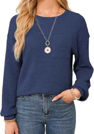 Dokotoo Womens Tops 2025 Oversized Long Sleeve Crewneck Waffle Knit Shirts Business Casual Blouses Basic Shirts