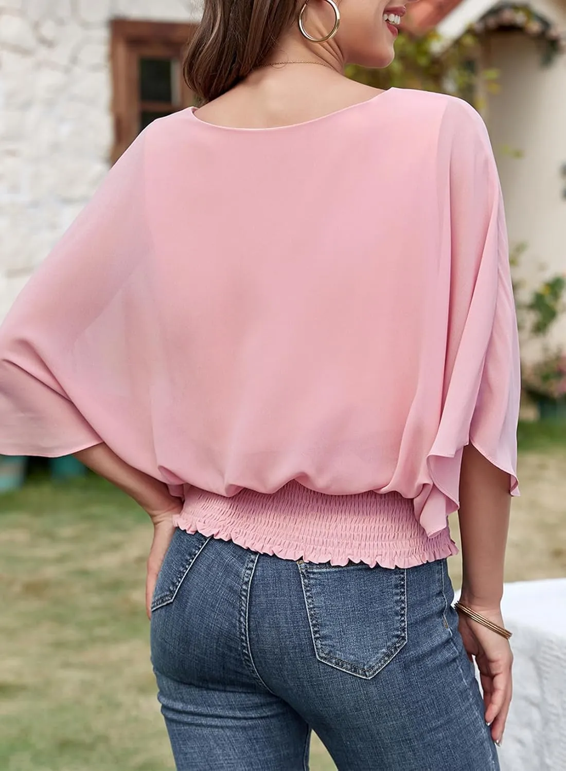 Dokotoo Womens Tops Dressy Casual 3/4 Sleeve Tops Crewneck Business Casual Chiffon Blouses