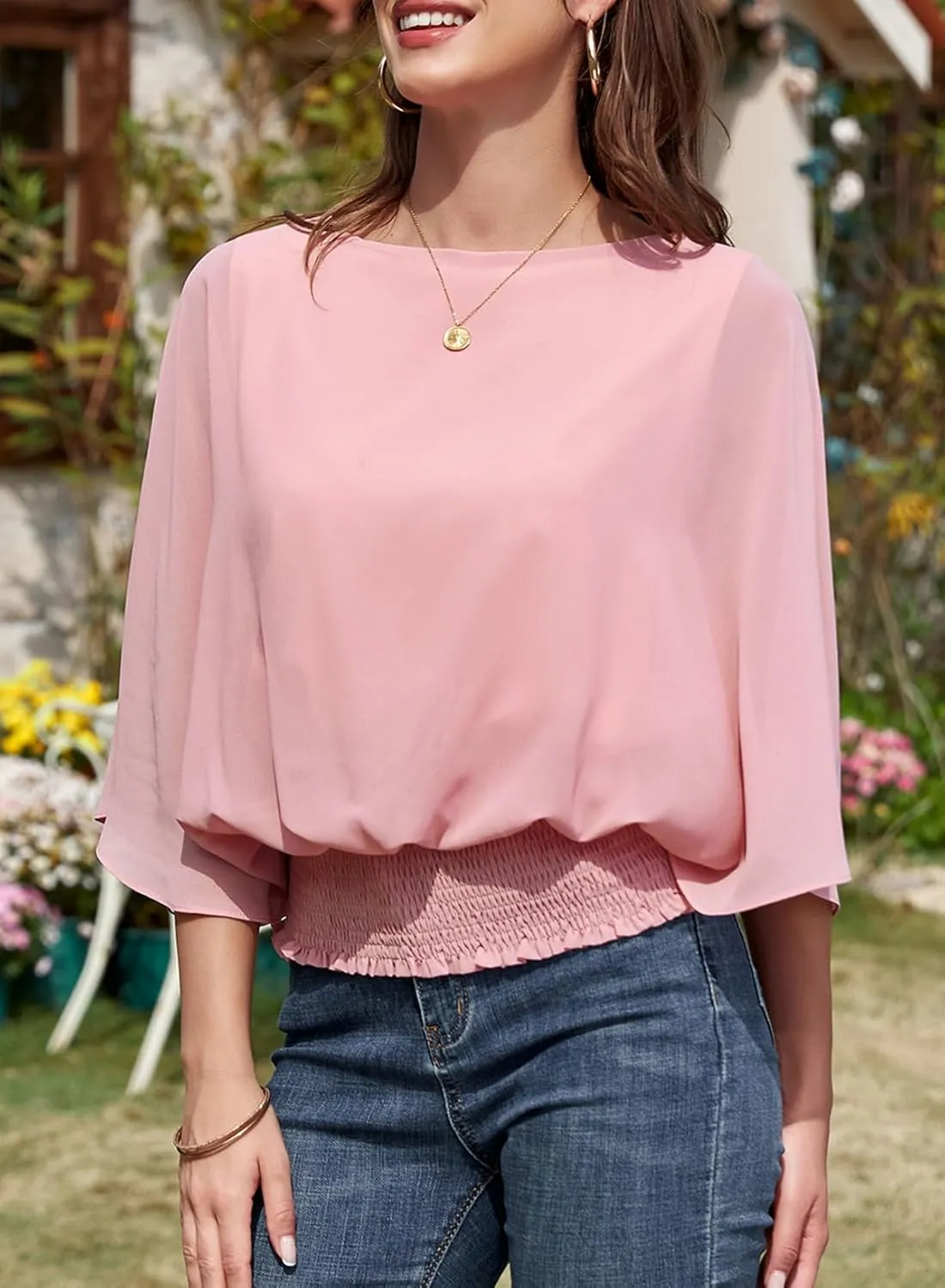 Dokotoo Womens Tops Dressy Casual 3/4 Sleeve Tops Crewneck Business Casual Chiffon Blouses