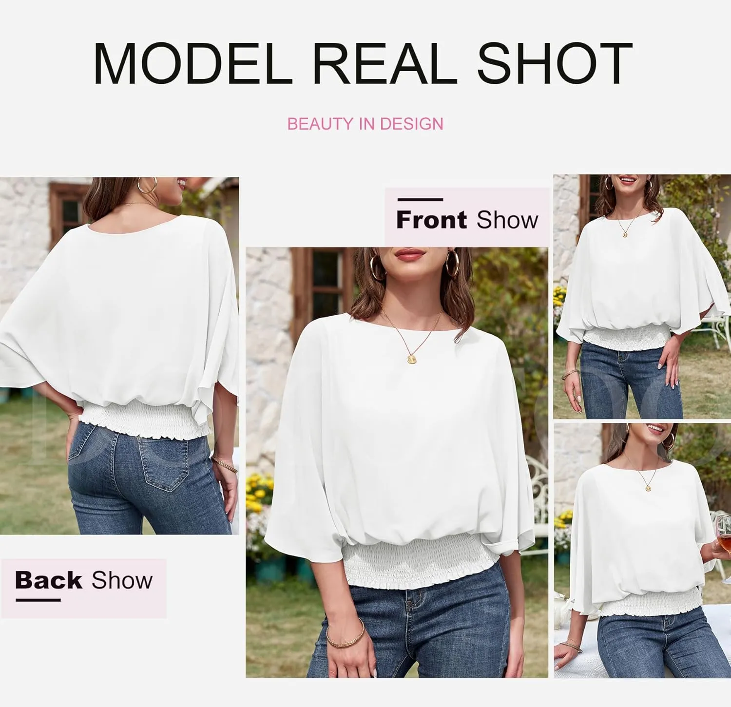 Dokotoo Womens Tops Dressy Casual 3/4 Sleeve Tops Crewneck Business Casual Chiffon Blouses