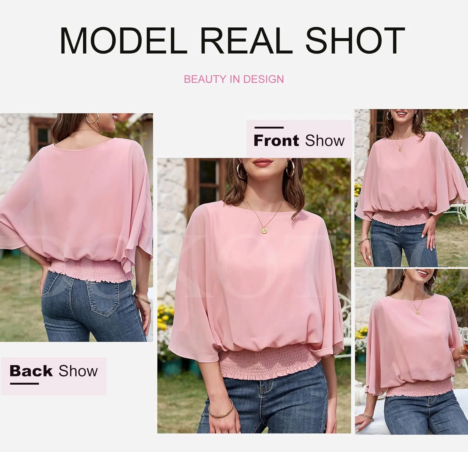 Dokotoo Womens Tops Dressy Casual 3/4 Sleeve Tops Crewneck Business Casual Chiffon Blouses