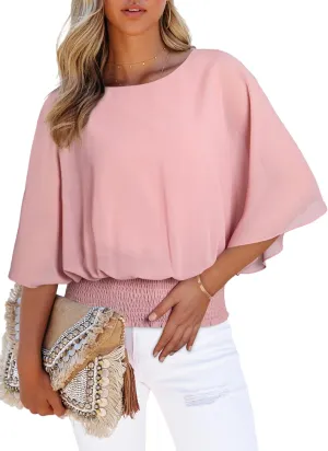 Dokotoo Womens Tops Dressy Casual 3/4 Sleeve Tops Crewneck Business Casual Chiffon Blouses