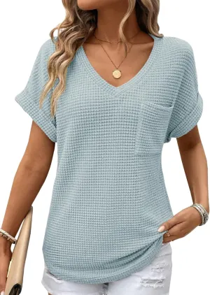Dokotoo Womens Waffle Knit Tops 2025 Spring Summer V Neck Shirts Casual Trendy Women's Blouses Basic Tee