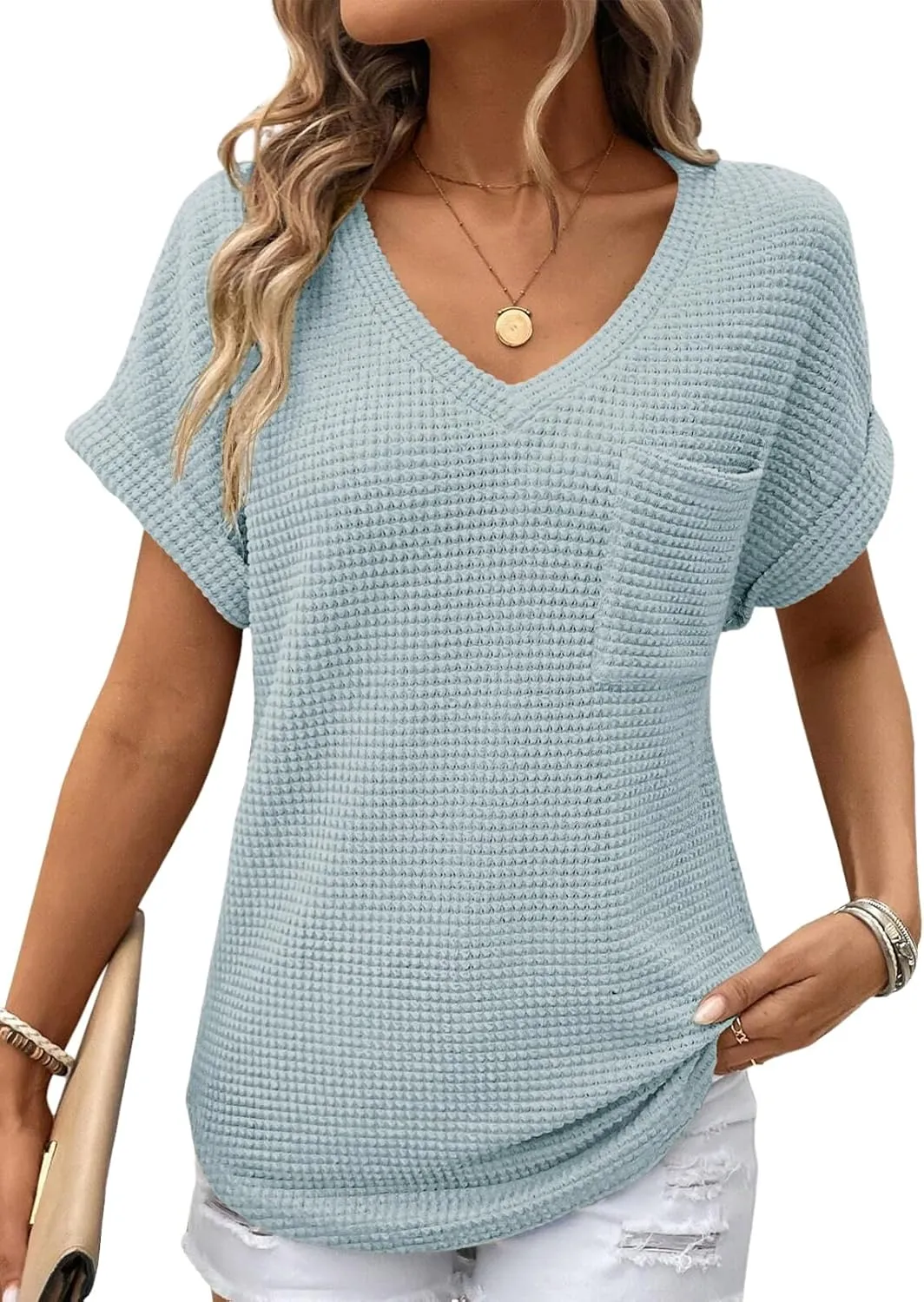 Dokotoo Womens Waffle Knit Tops 2025 Spring Summer V Neck Shirts Casual Trendy Women's Blouses Basic Tee