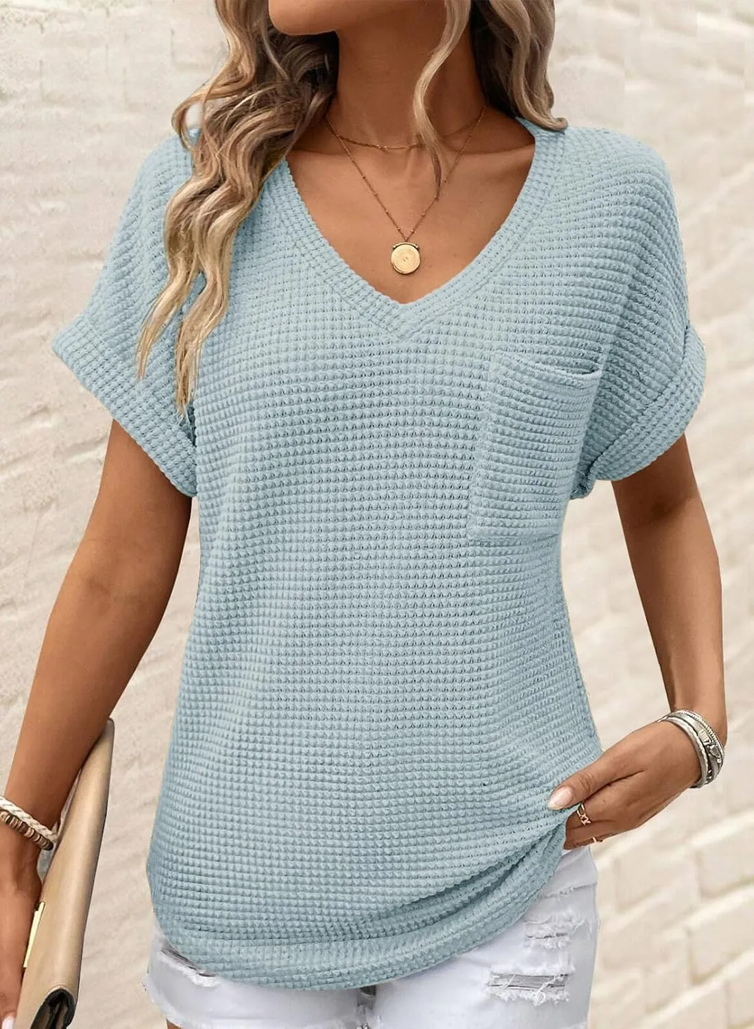 Dokotoo Womens Waffle Knit Tops 2025 Spring Summer V Neck Shirts Casual Trendy Women's Blouses Basic Tee