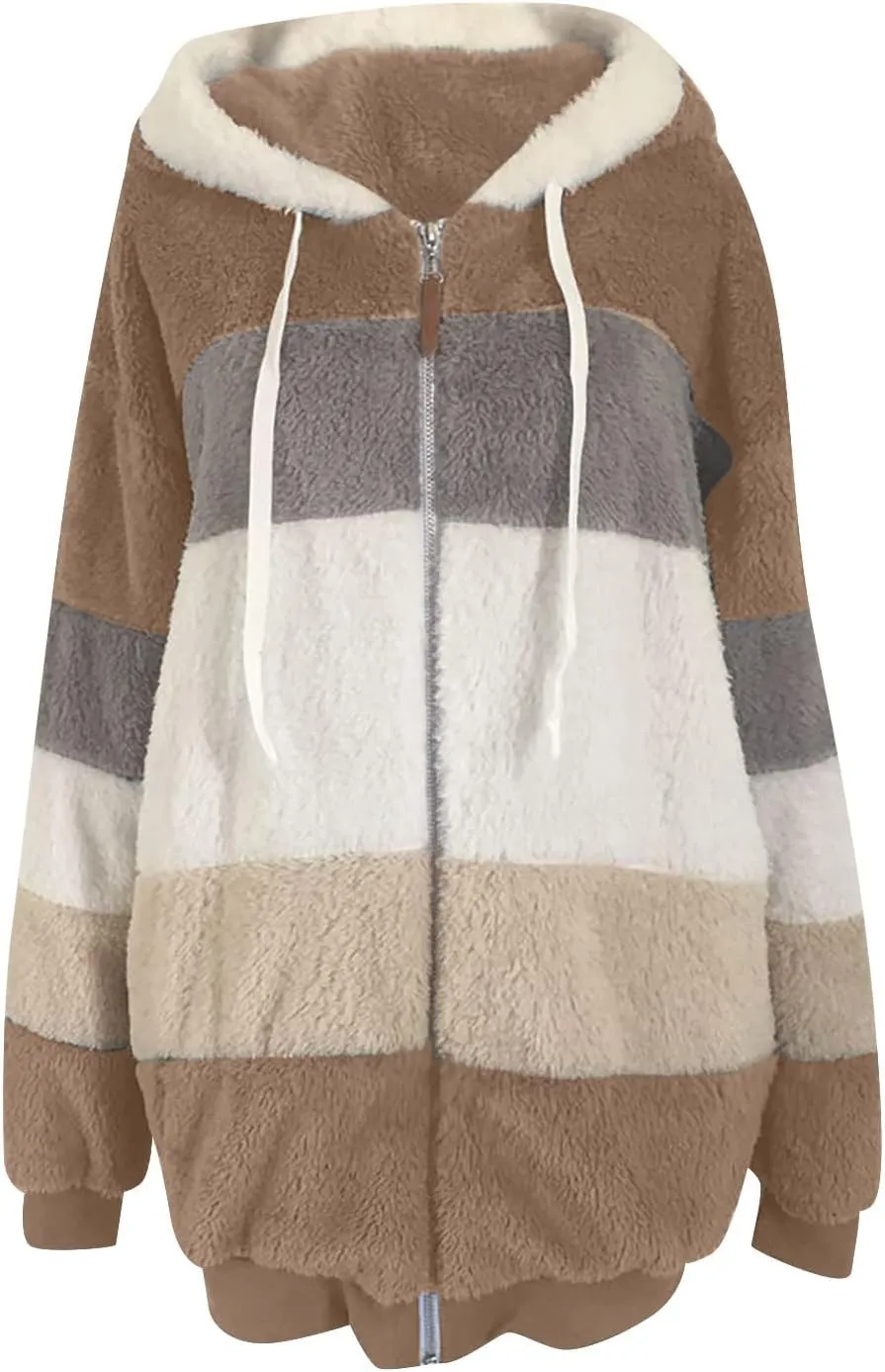 DOLKFU Women Oversized Winter Coat Jacket Zip Up Hooded Coats Shaggy Fleece Open Front Jackets Thick Sherpa Lined Warm Tops