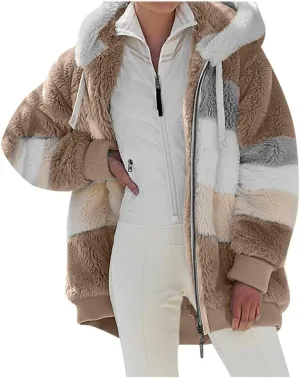 DOLKFU Women Oversized Winter Coat Jacket Zip Up Hooded Coats Shaggy Fleece Open Front Jackets Thick Sherpa Lined Warm Tops