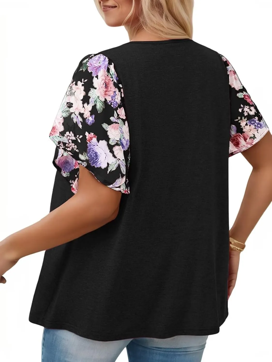 DOLNINE Women's Plus Size Tops Casual Summer Boho Floral Tunics Ruffle Sleeve Crewneck Loose Blouses Shirts