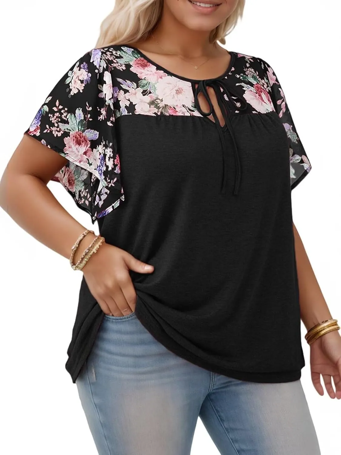 DOLNINE Women's Plus Size Tops Casual Summer Boho Floral Tunics Ruffle Sleeve Crewneck Loose Blouses Shirts