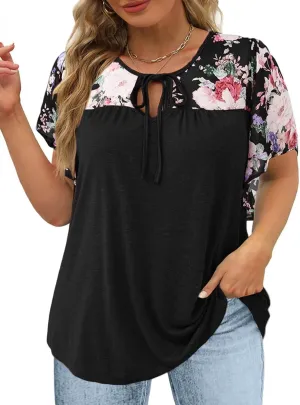 DOLNINE Women's Plus Size Tops Casual Summer Boho Floral Tunics Ruffle Sleeve Crewneck Loose Blouses Shirts