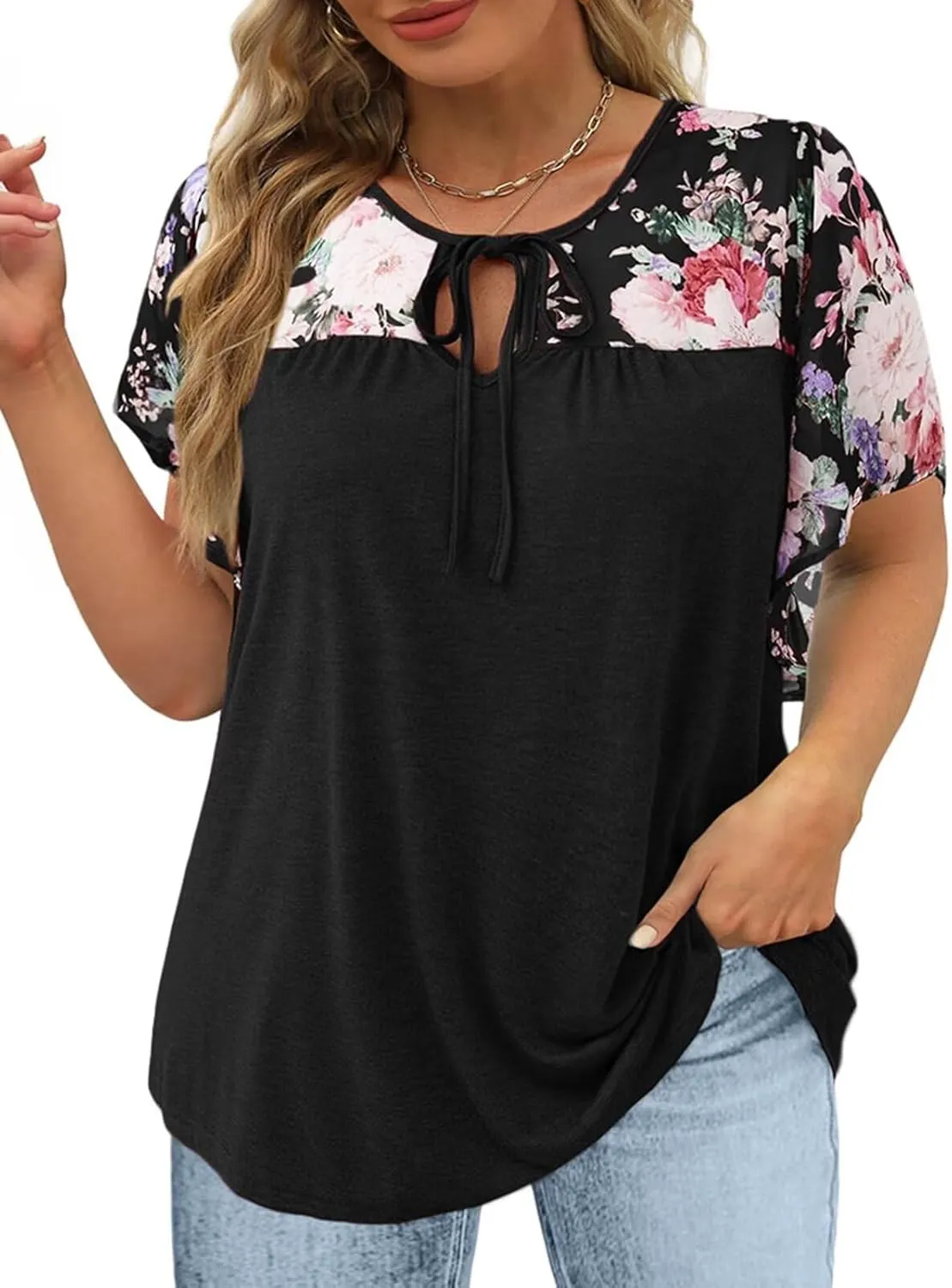 DOLNINE Women's Plus Size Tops Casual Summer Boho Floral Tunics Ruffle Sleeve Crewneck Loose Blouses Shirts
