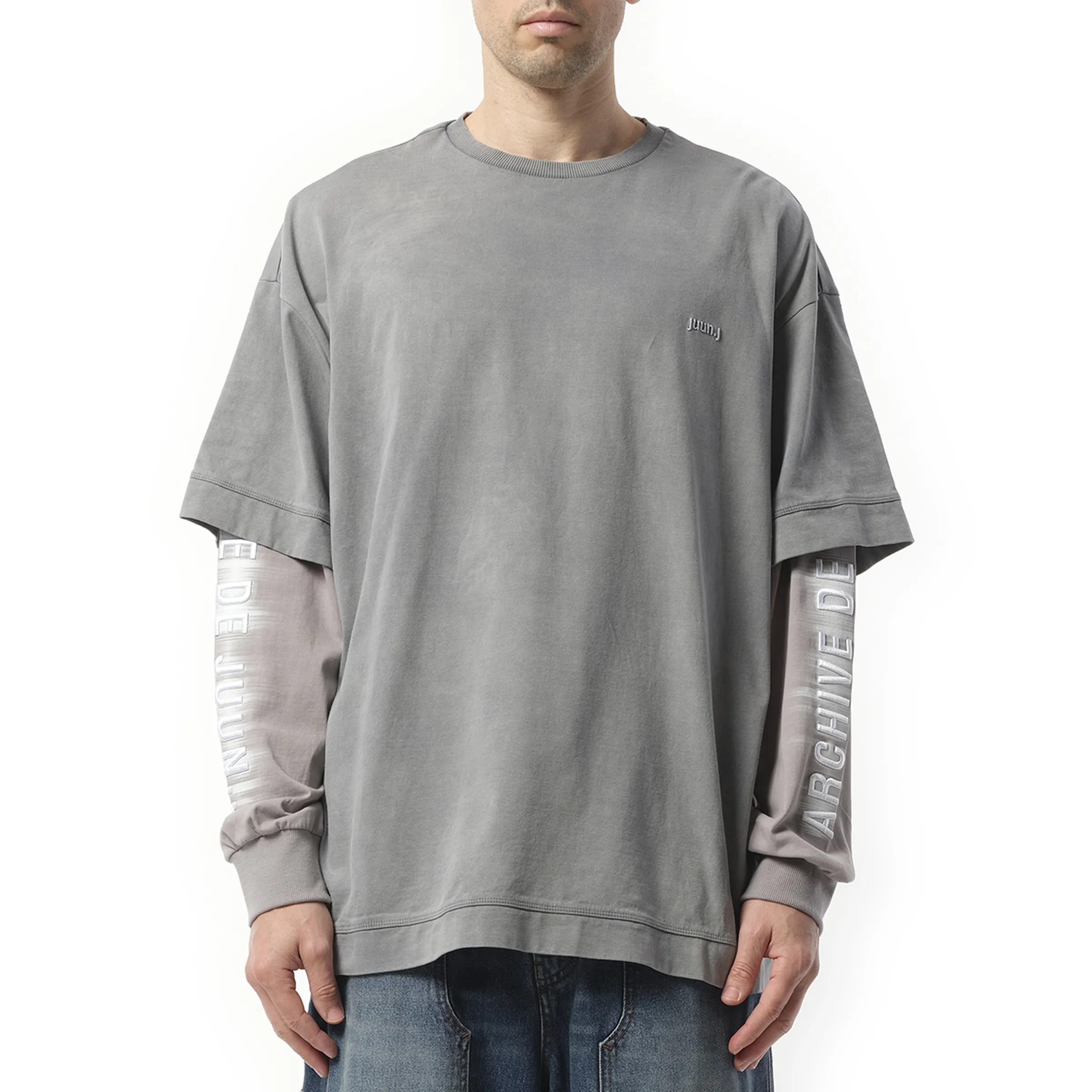 Dyed Dual Sleeve Long Sleeve T-Shirt in Light Grey
