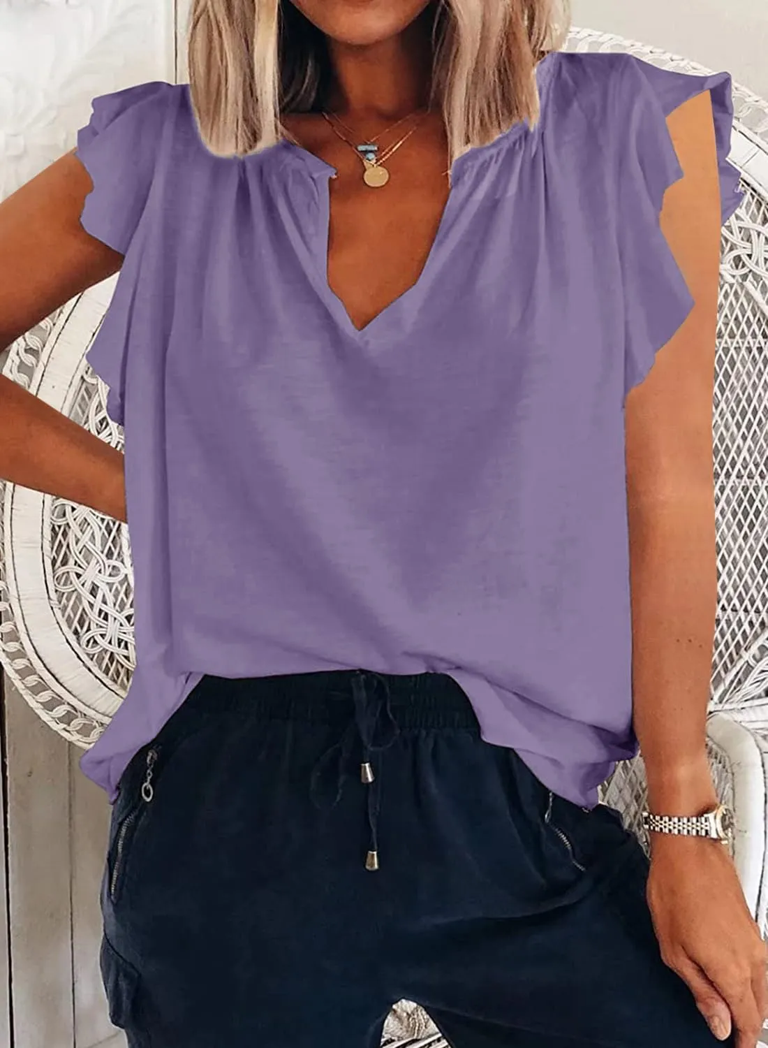 Ebifin Womens Plus Size Tank Tops V Neck Ruffle Sleeve Summer Casual Loose Blouses Tee Shirts