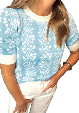 Ecosunny Women's Casual Round Neck Short Sleeve Shirts Bow Print Sweater Loose Tunic Blouses Tops