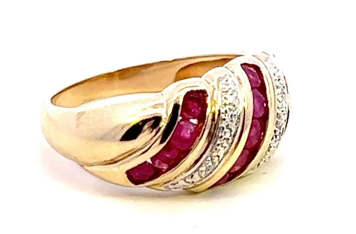 Enchanting Ruby & Diamond Domed 9ct Yellow Gold Ring