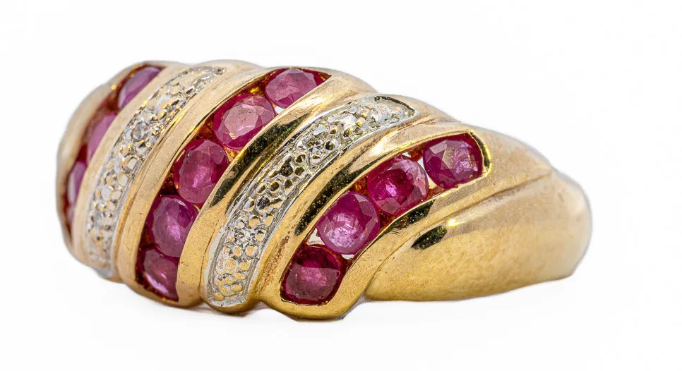 Enchanting Ruby & Diamond Domed 9ct Yellow Gold Ring