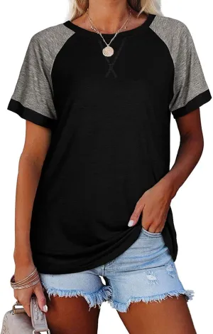 Esobo Women's Raglan Short Sleeve Crewneck T-Shirt Color Block Tunic Tshirt Casual Loose Blouses Tops