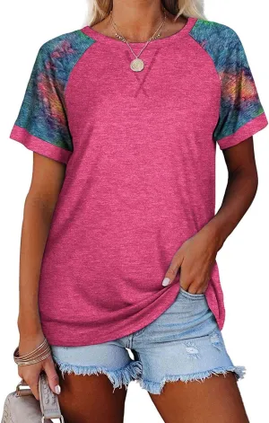 Esobo Women's Raglan Short Sleeve Crewneck T-Shirt Color Block Tunic Tshirt Casual Loose Blouses Tops