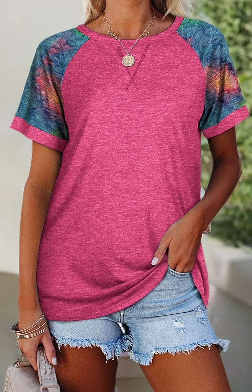 Esobo Women's Raglan Short Sleeve Crewneck T-Shirt Color Block Tunic Tshirt Casual Loose Blouses Tops