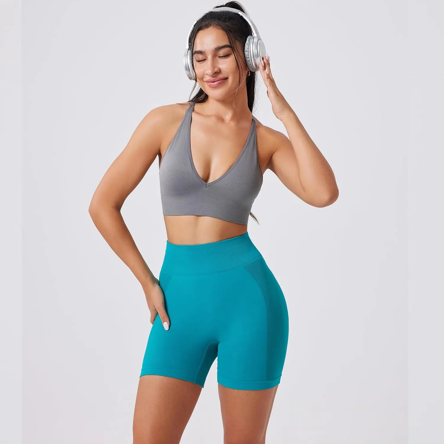 Evercute Women's Gym Shorts 3/4 Pack Seamless Scrunch Butt Lifting Workout Shorts 5" Tummy Control Ruched Booty Yoga Short