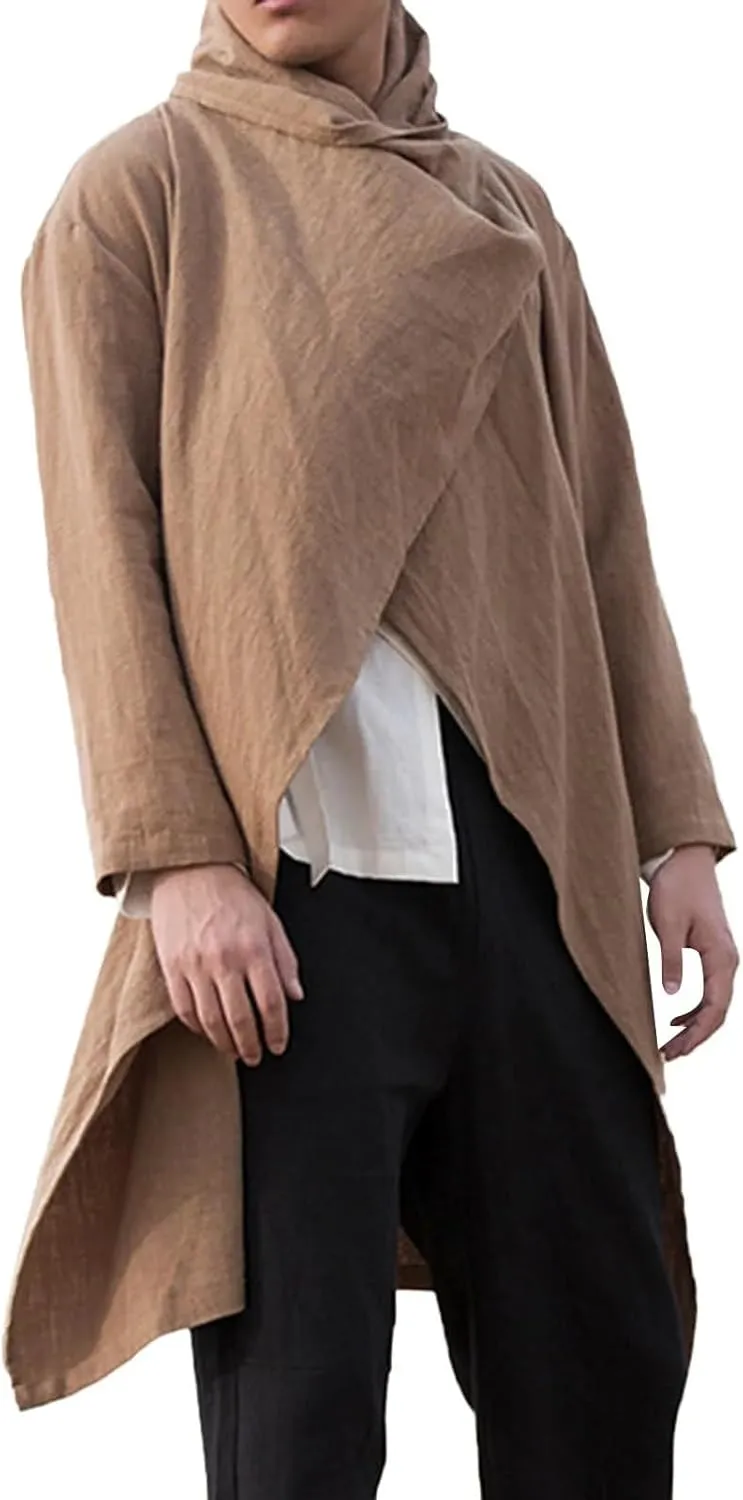evzosrz Men's Poncho Cape Coats Irregular Hem Trench Coat Cotton Linen Lightweight Open Front Cardigans Winter Long Outwears