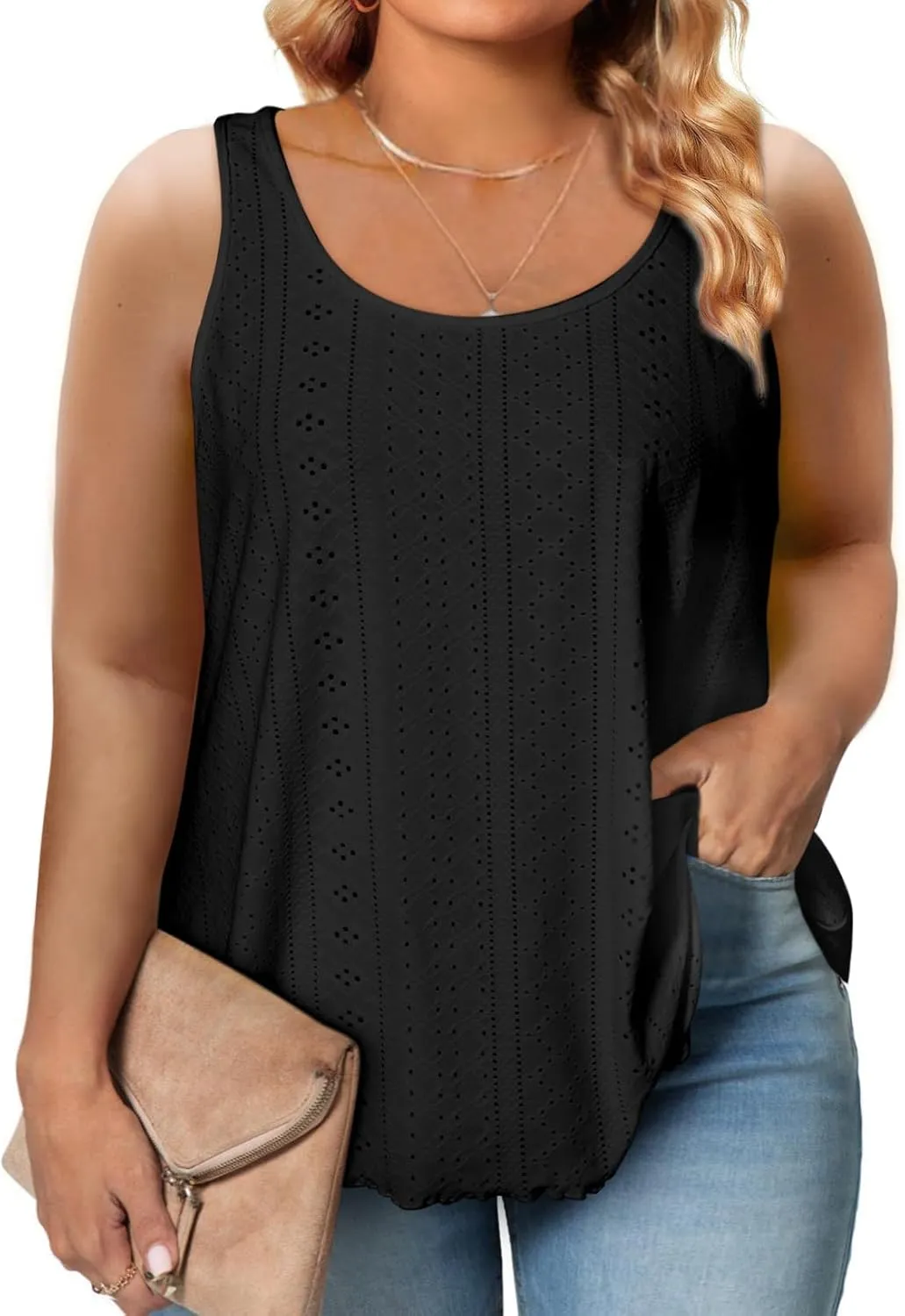 Eytino Womens Plus Size Tank Tops Summer Eyelet Embroidery Sleeveless T-Shirts Tops Scoop Neck Causal Loose Flowy Cami(1X-5X)