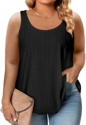 Eytino Womens Plus Size Tank Tops Summer Eyelet Embroidery Sleeveless T-Shirts Tops Scoop Neck Causal Loose Flowy Cami(1X-5X)
