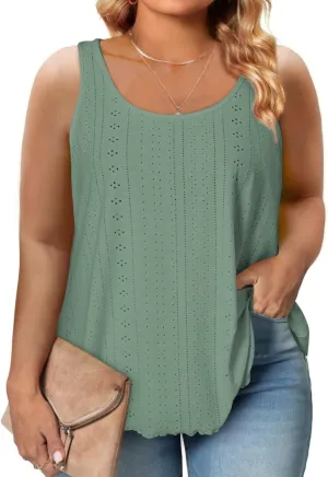 Eytino Womens Plus Size Tank Tops Summer Eyelet Embroidery Sleeveless T-Shirts Tops Scoop Neck Causal Loose Flowy Cami(1X-5X)