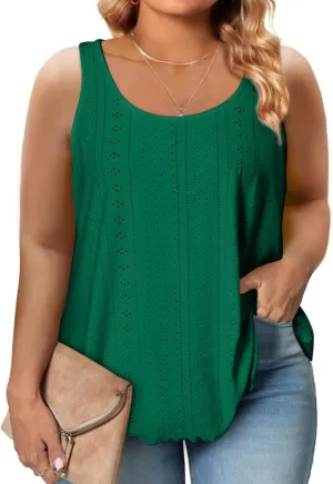 Eytino Womens Plus Size Tank Tops Summer Eyelet Embroidery Sleeveless T-Shirts Tops Scoop Neck Causal Loose Flowy Cami(1X-5X)