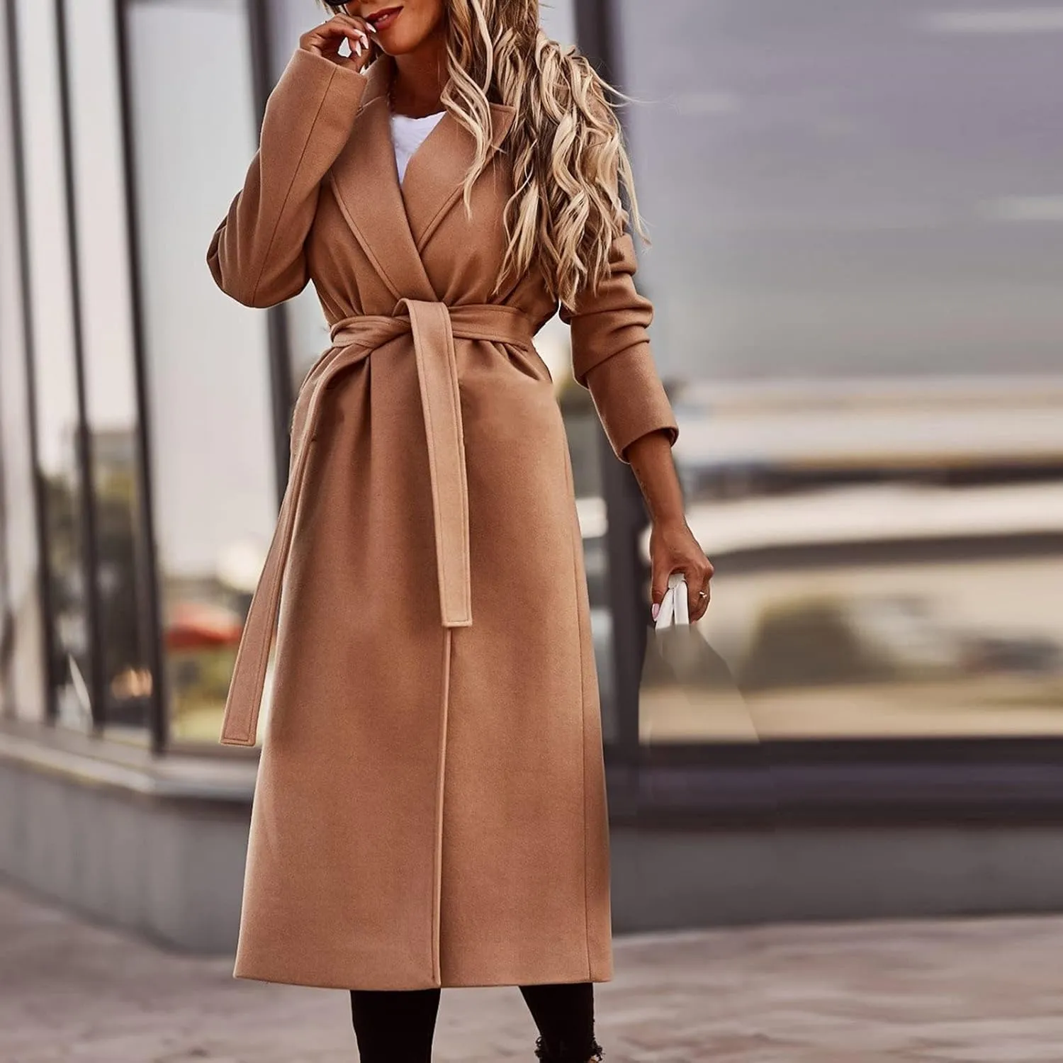 Fall Cardigan for Women 2022 Solid Lapel Collar Trench Coat Open Front Mid Length Wool Blend Coat Elegant Pea Coat