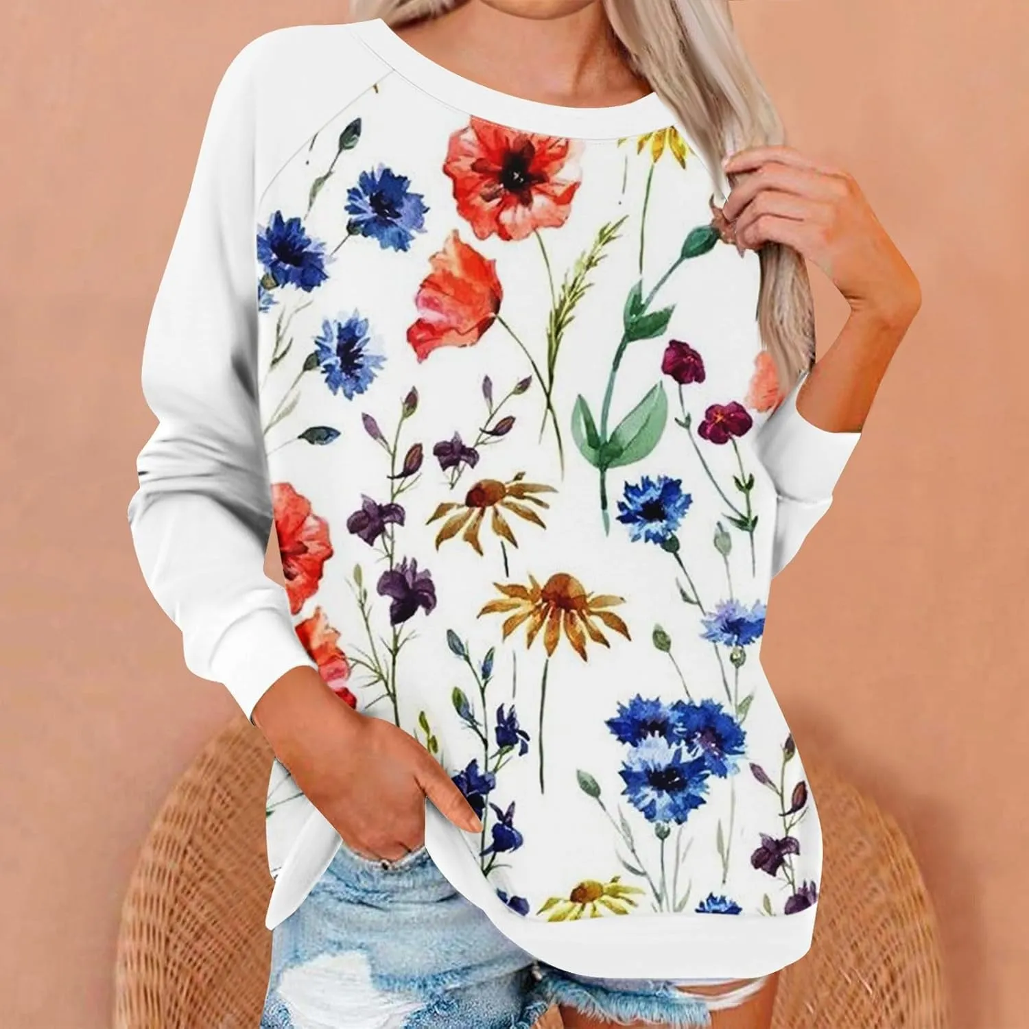 Fall Womens Clothes 2024 Floral Print Crewneck Cute Sweatshirt Long Sleeve Oversized Basics Clothes Clothing