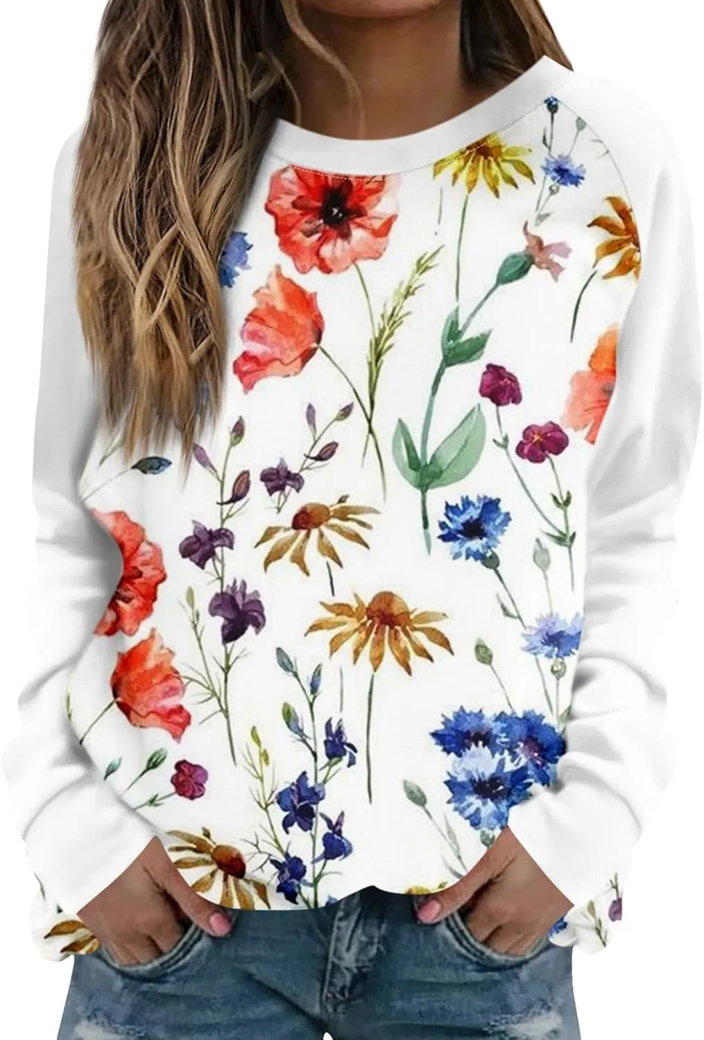 Fall Womens Clothes 2024 Floral Print Crewneck Cute Sweatshirt Long Sleeve Oversized Basics Clothes Clothing