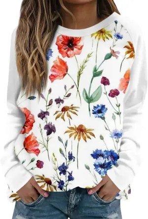 Fall Womens Clothes 2024 Floral Print Crewneck Cute Sweatshirt Long Sleeve Oversized Basics Clothes Clothing