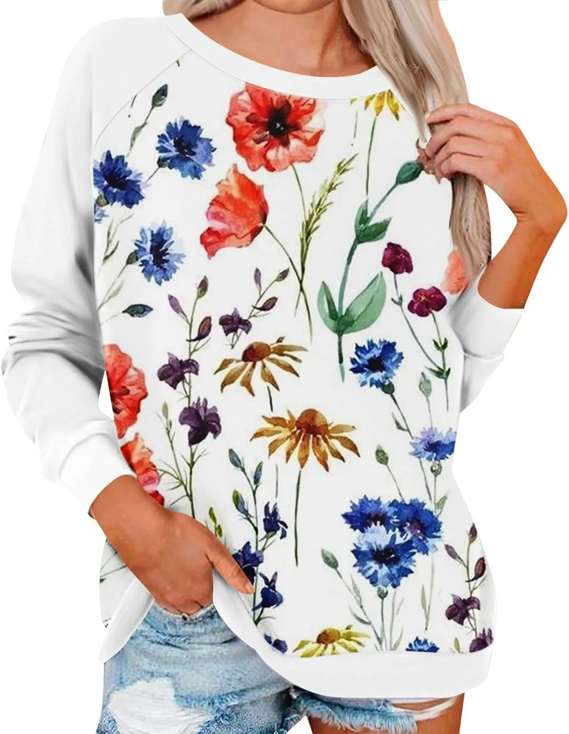Fall Womens Clothes 2024 Floral Print Crewneck Cute Sweatshirt Long Sleeve Oversized Basics Clothes Clothing