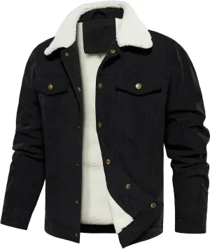 FANARCHER Men's Corduroy Jackets Sherpa Lined Fleece Trucker Work Jacket Cotton Turn-Down Collar Coats Winter Warm Outwear