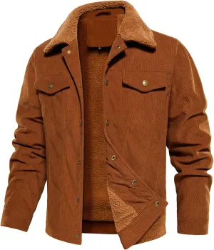 FANARCHER Men's Corduroy Jackets Sherpa Lined Fleece Trucker Work Jacket Cotton Turn-Down Collar Coats Winter Warm Outwear