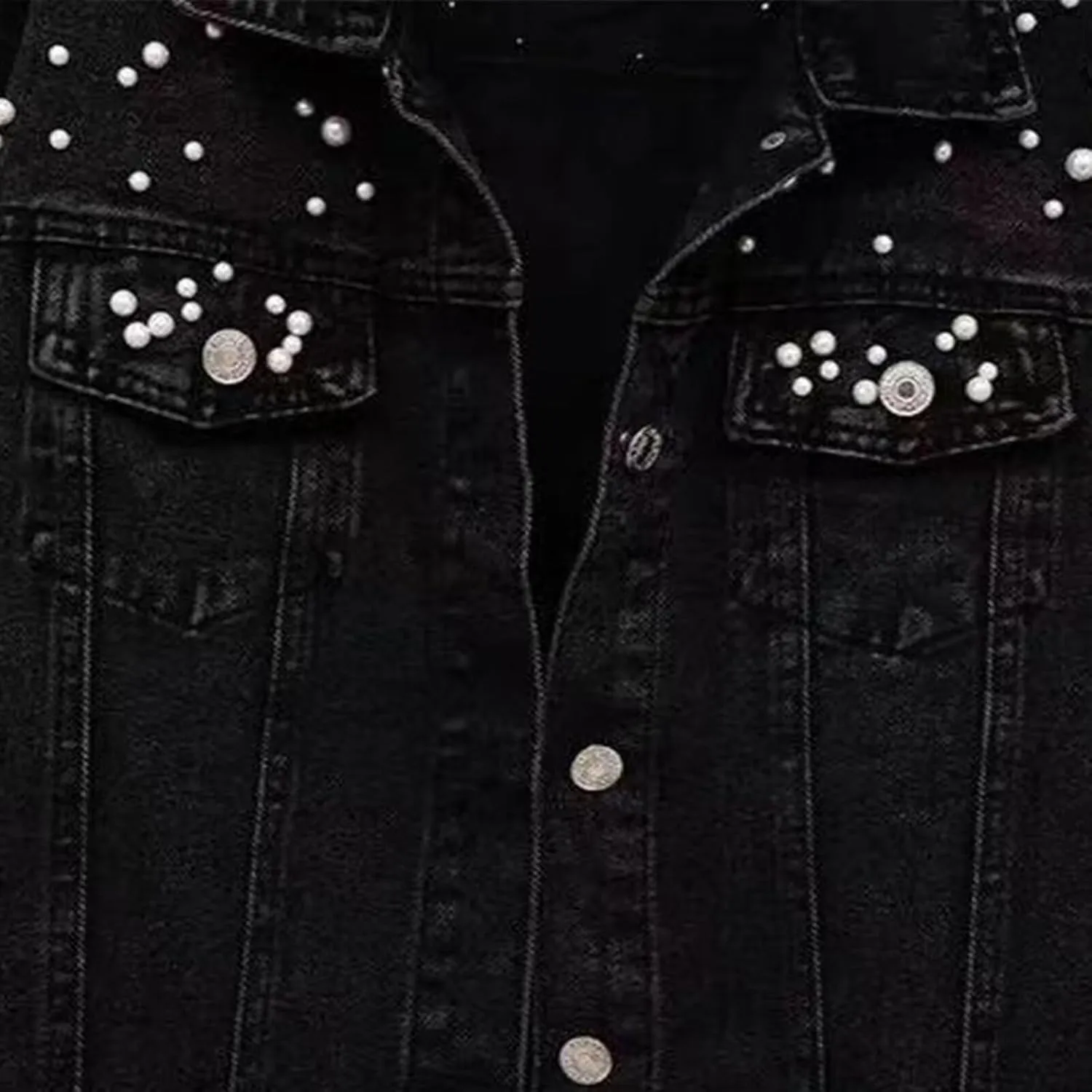 FantasyGears Women's Jeans Jacket Rhinestone Pearl Denim Jacket Embroidered Oversized Plus Size Jacket Streetwear