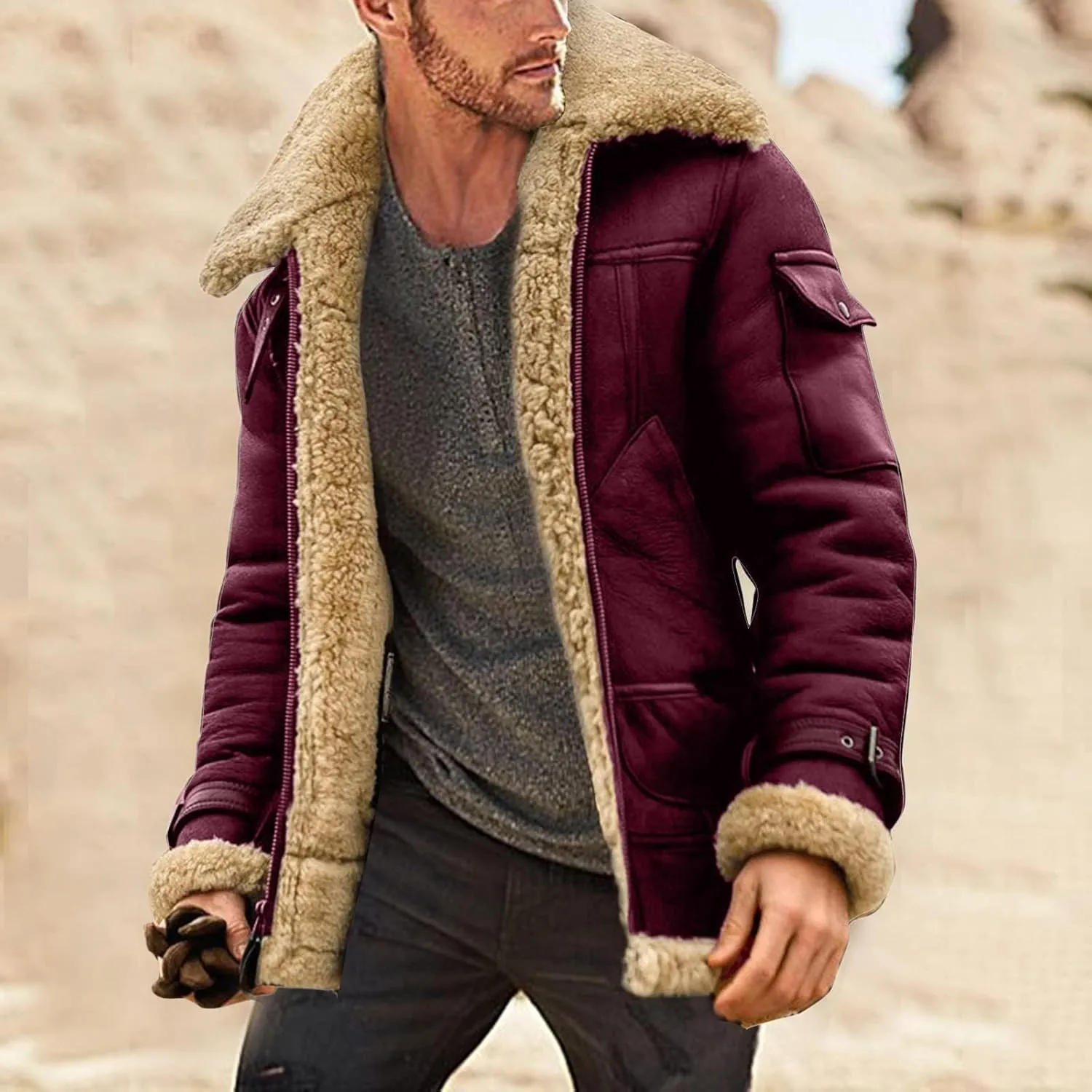 Faux Leather Jackets for Men Cozy Sherpa Fleece Lined Winter Coats Sheepskin Casual Lapel Faux Suede Fur Trench Coat