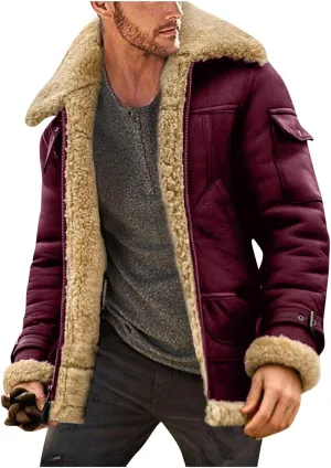 Faux Leather Jackets for Men Cozy Sherpa Fleece Lined Winter Coats Sheepskin Casual Lapel Faux Suede Fur Trench Coat