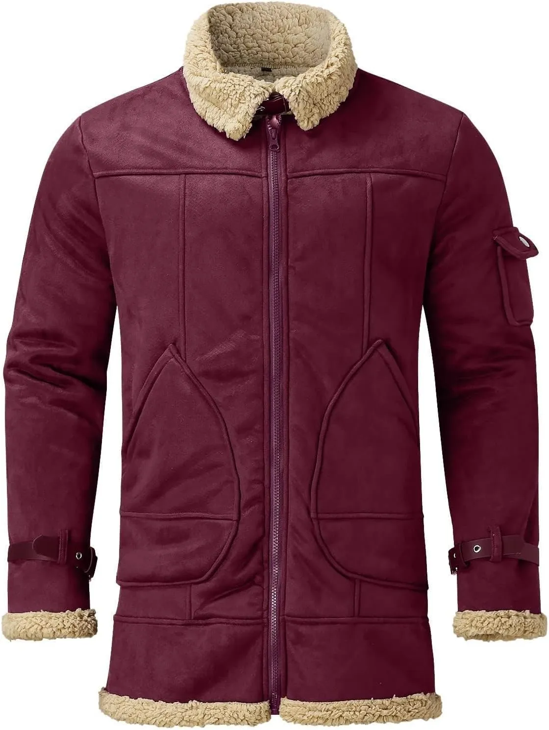 Faux Leather Jackets for Men Cozy Sherpa Fleece Lined Winter Coats Sheepskin Casual Lapel Faux Suede Fur Trench Coat