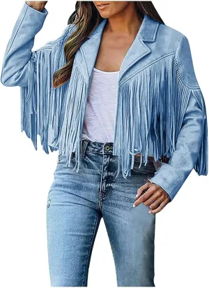 Firzero Tassels Coat Women Faux Suede Jacket Long Sleeve Fringe Jackets Motorcycle Moto Biker Short Open Front Cardigan 2024