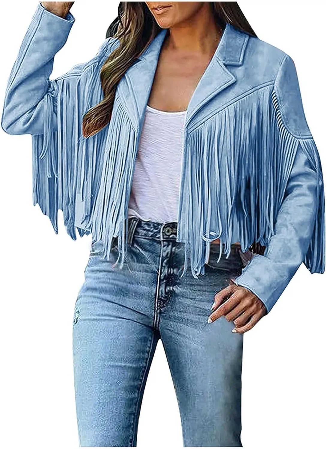 Firzero Tassels Coat Women Faux Suede Jacket Long Sleeve Fringe Jackets Motorcycle Moto Biker Short Open Front Cardigan 2024