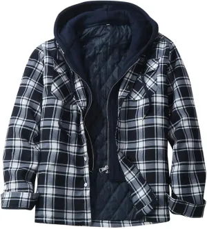 Fleece Lined Plaid Hooded Jackets for Mens Long Sleeves Cotton Padded Coat Casual Outwear Thicken Warm Tops