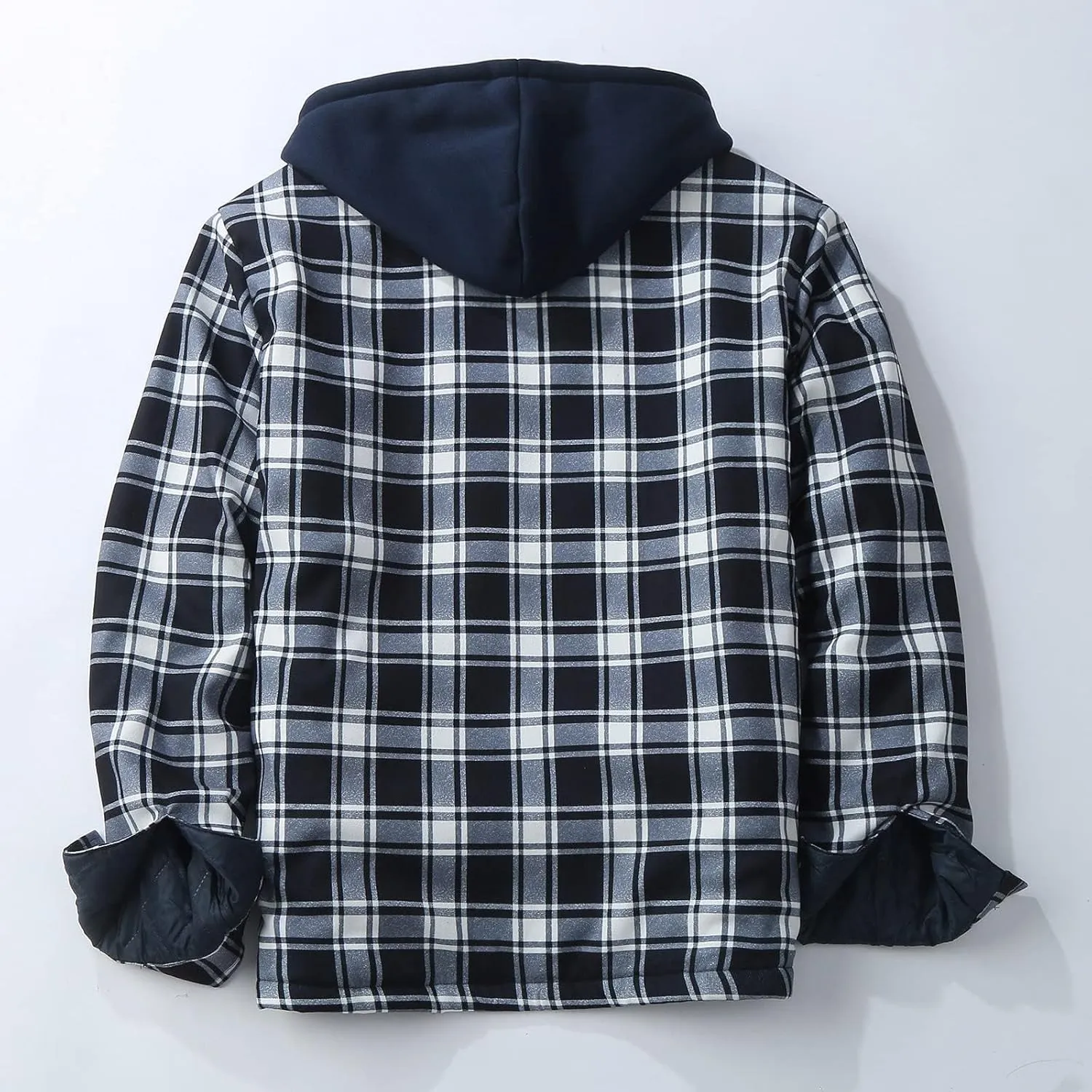 Fleece Lined Plaid Hooded Jackets for Mens Long Sleeves Cotton Padded Coat Casual Outwear Thicken Warm Tops