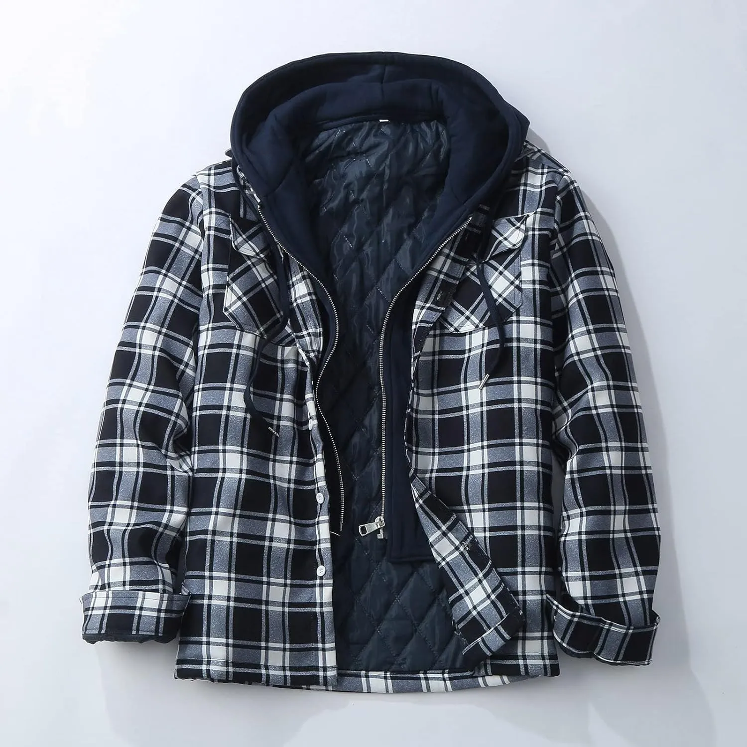Fleece Lined Plaid Hooded Jackets for Mens Long Sleeves Cotton Padded Coat Casual Outwear Thicken Warm Tops