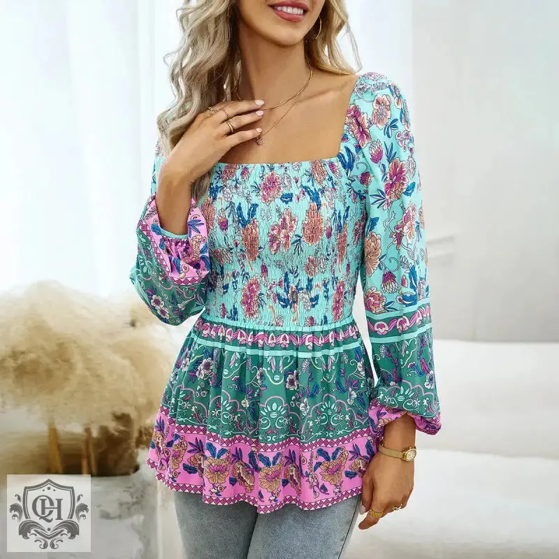 Floral Smocked Square Neck Blouse