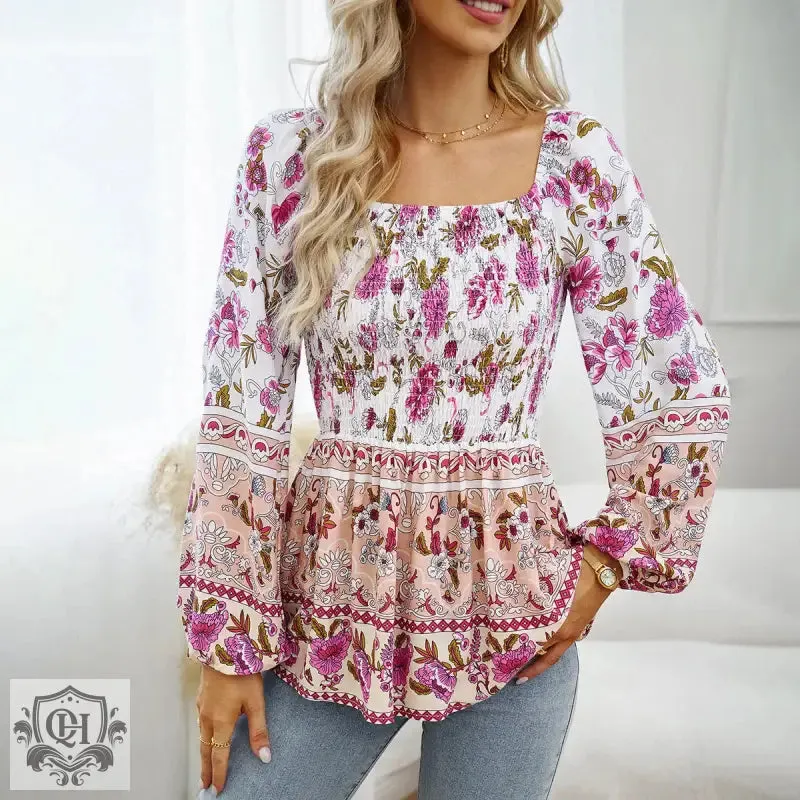 Floral Smocked Square Neck Blouse