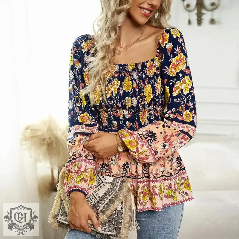Floral Smocked Square Neck Blouse