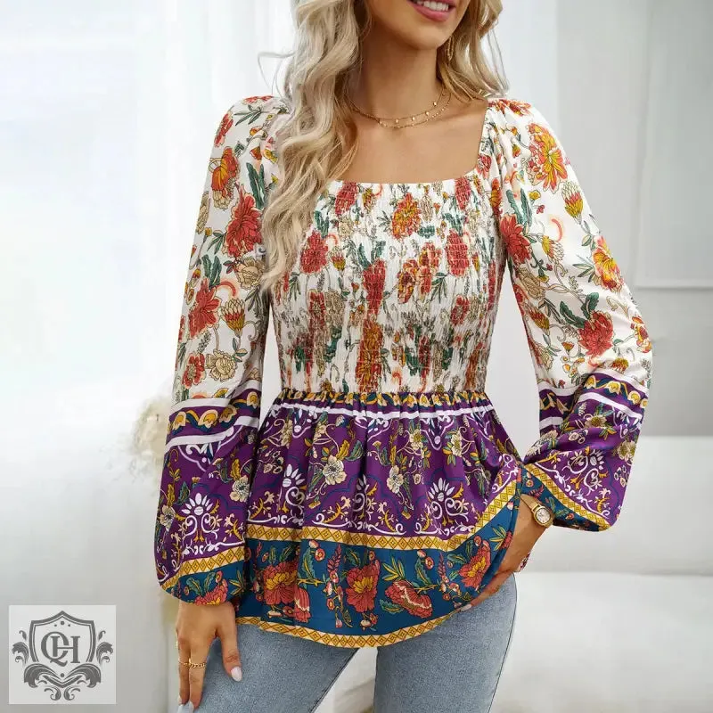 Floral Smocked Square Neck Blouse